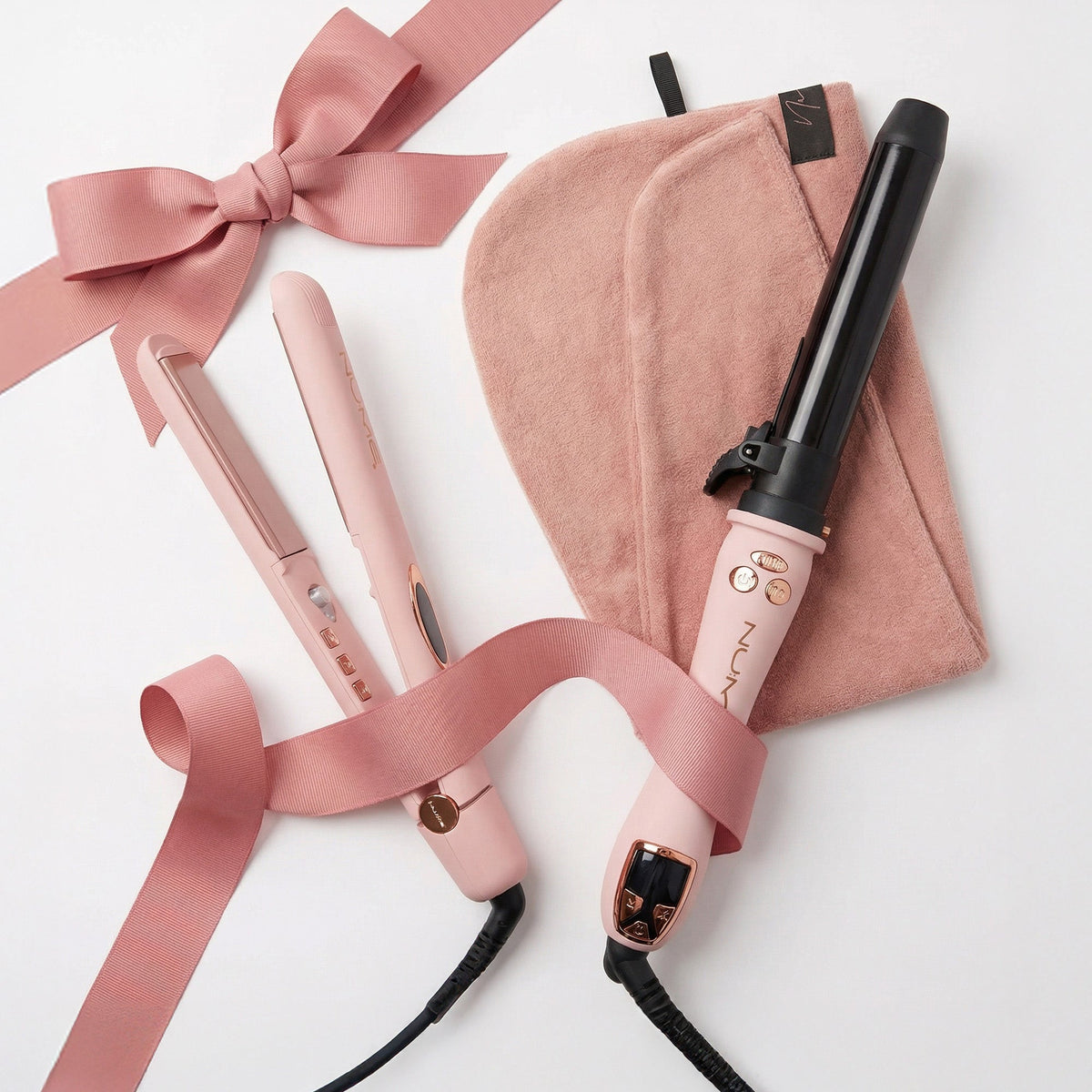 Pink Hair Styling Set – 3-Piece Straightener, Automatic Curler & Hair Towel Kit